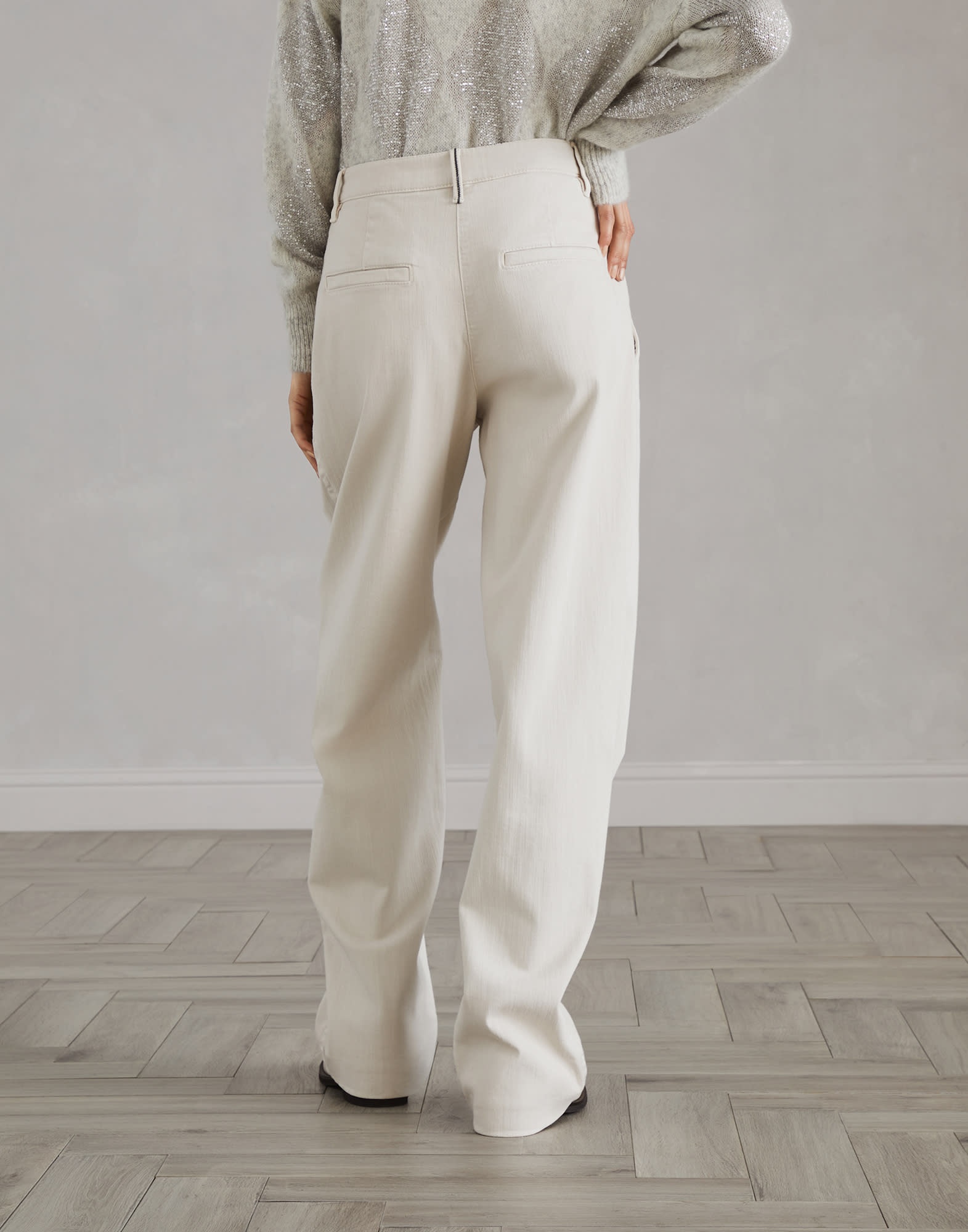 Stretch dyed denim loose straight trousers with monili - 2