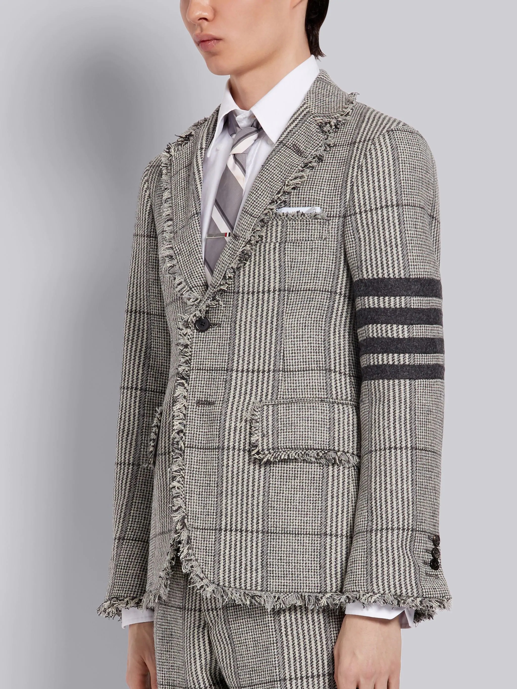 Black and White Prince of Wales Oversize Check Wool Hunting Tweed Frayed Unconstructed Classic Jacke - 2