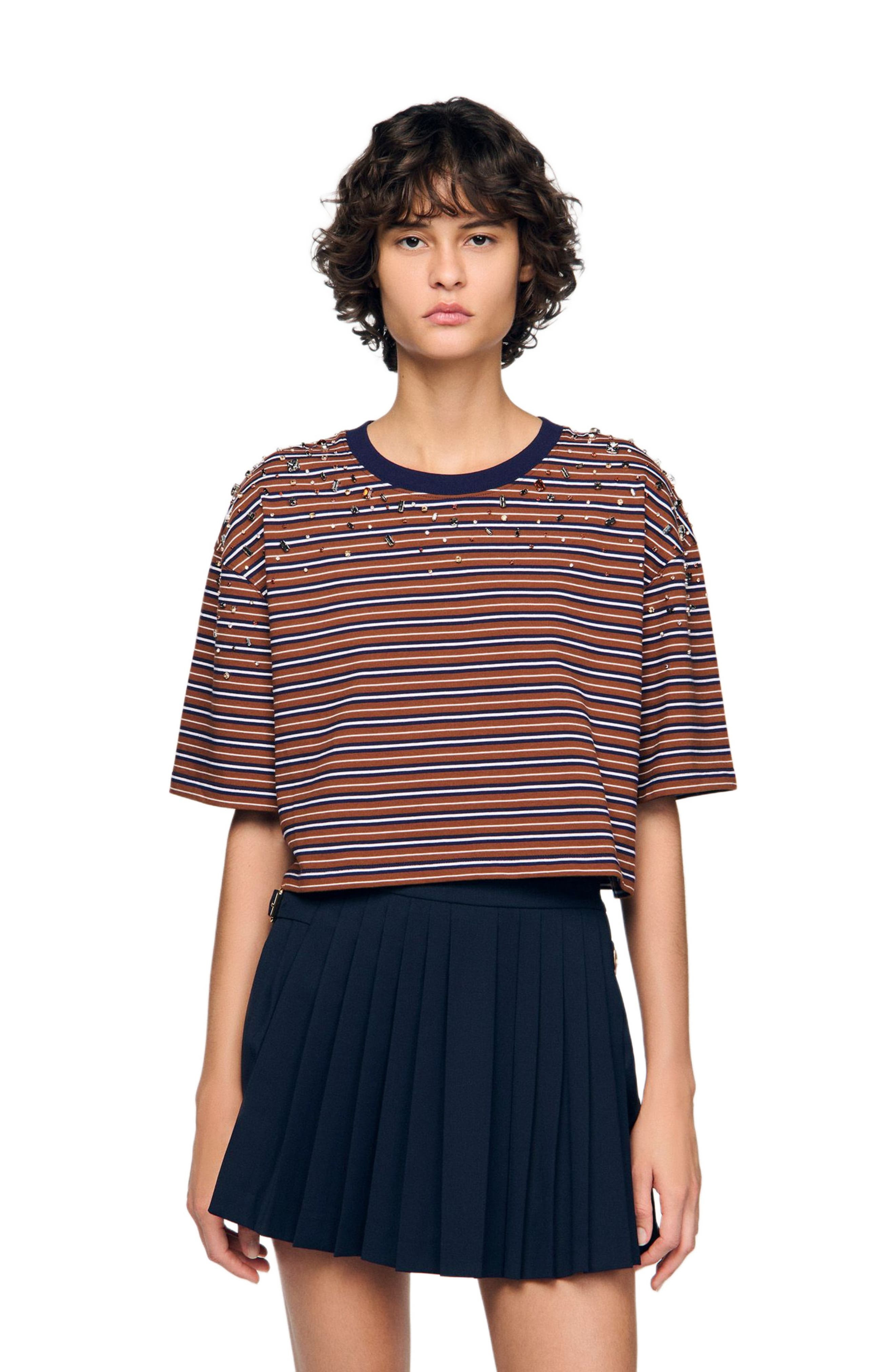 SANDRO Striped rhinestone T-shirt in Brown /Deep Blu at Nordstrom - 1