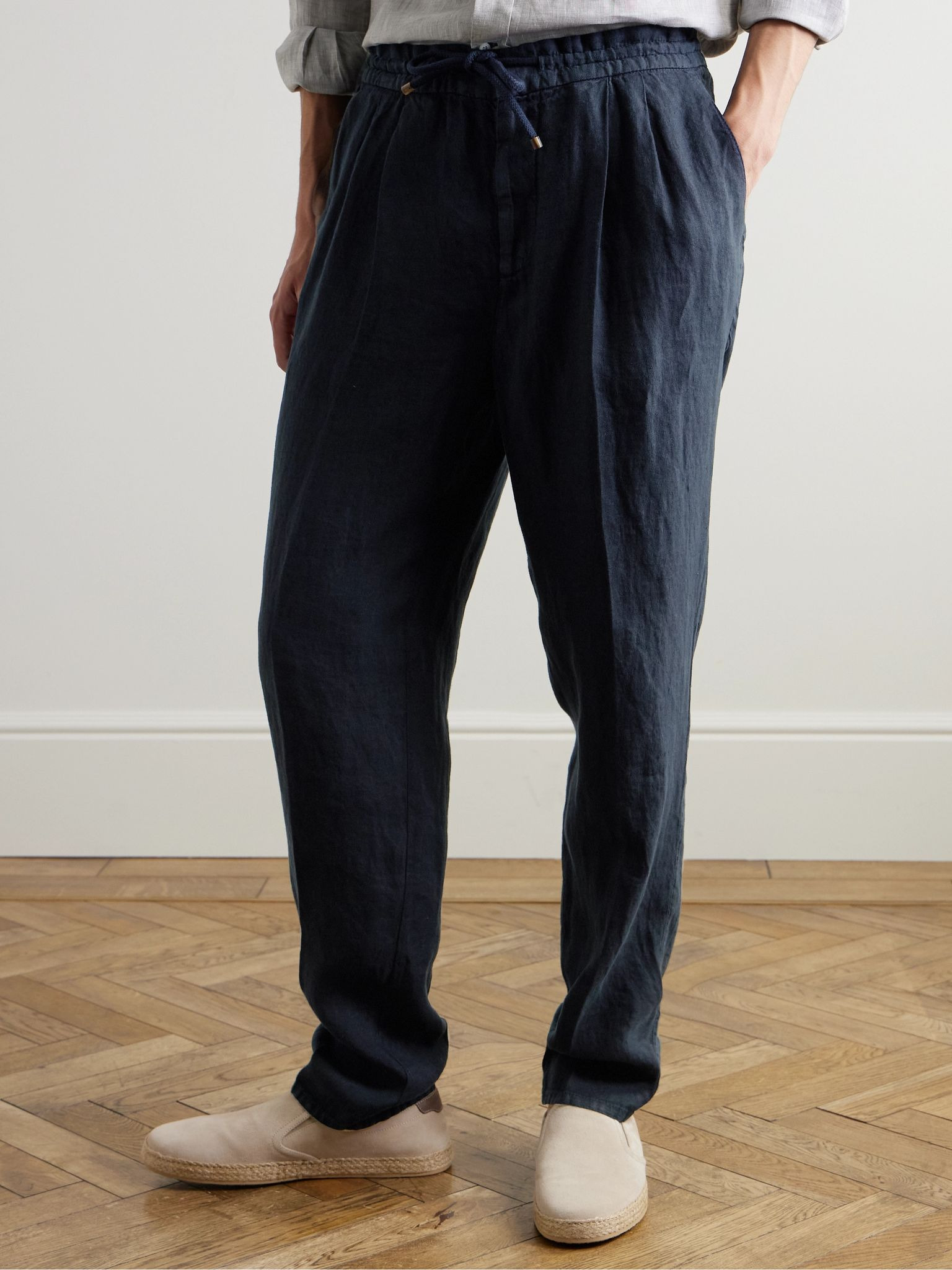 Straight-Leg Pleated Linen-Twill Drawstring Trousers Blue - 3