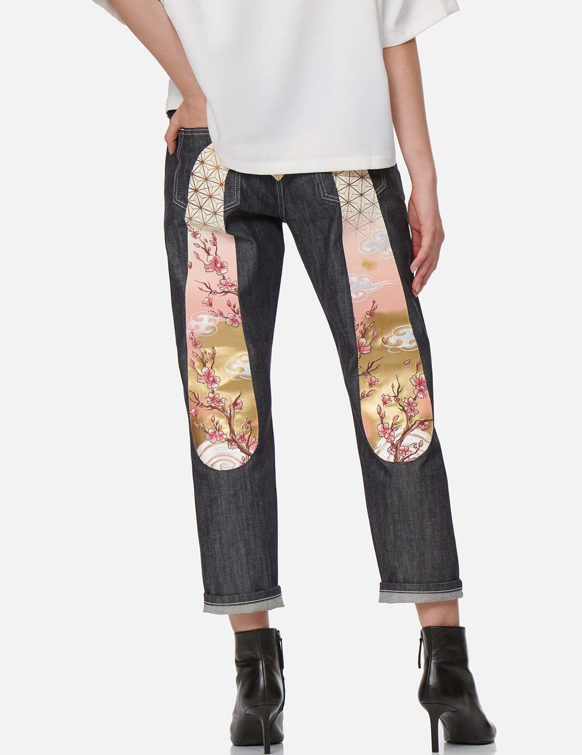 SAKURA EMBROIDERY AND BROCADE PRINT DAICOCK BOYFRIEND JEANS - 3