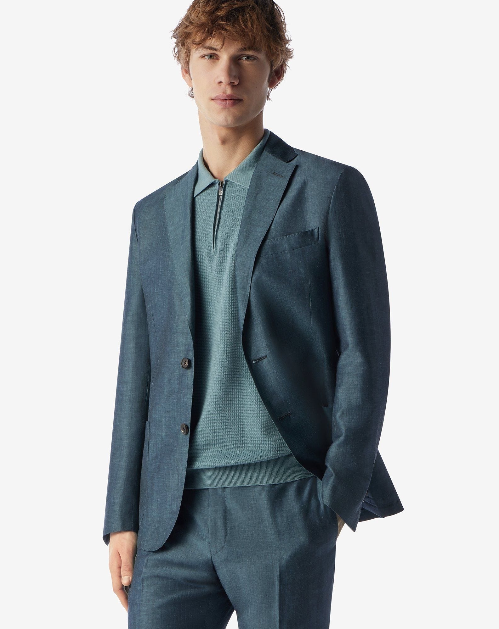 Teal blue wool and linen suit - 4