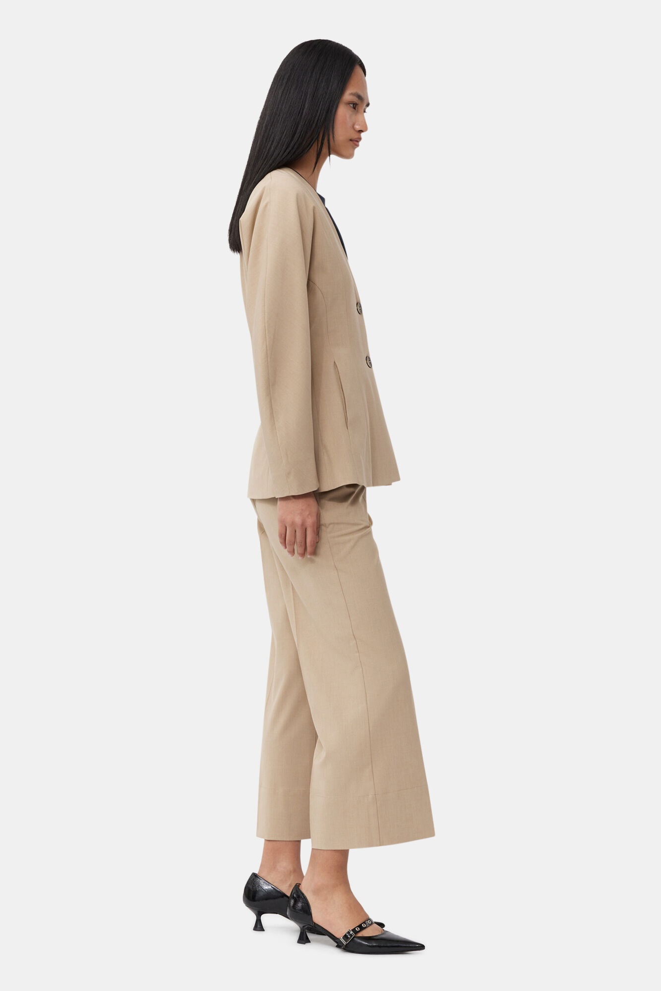 BEIGE FITTED DRAPEY MELANGE BLAZER - 5