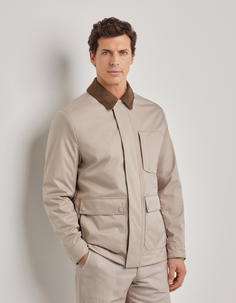 CARAMEL MIXED-MATERIAL ULTRALIGHT SUEDE BOMBER JACKET WITH KNIT INSERTS 78