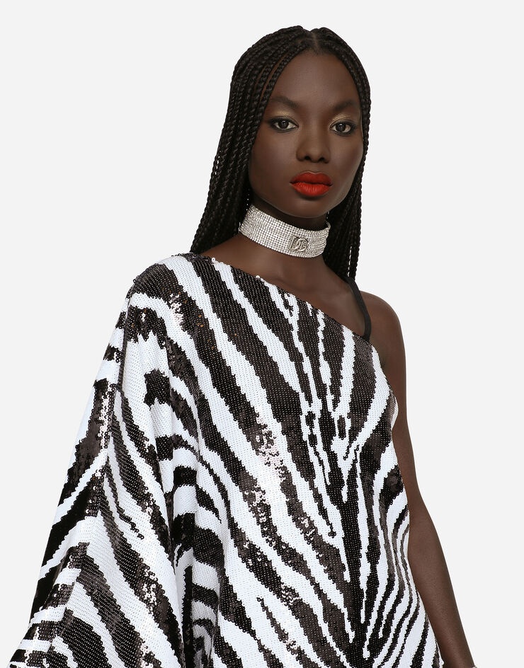 Short sequined one-shoulder dress with zebra print - 4