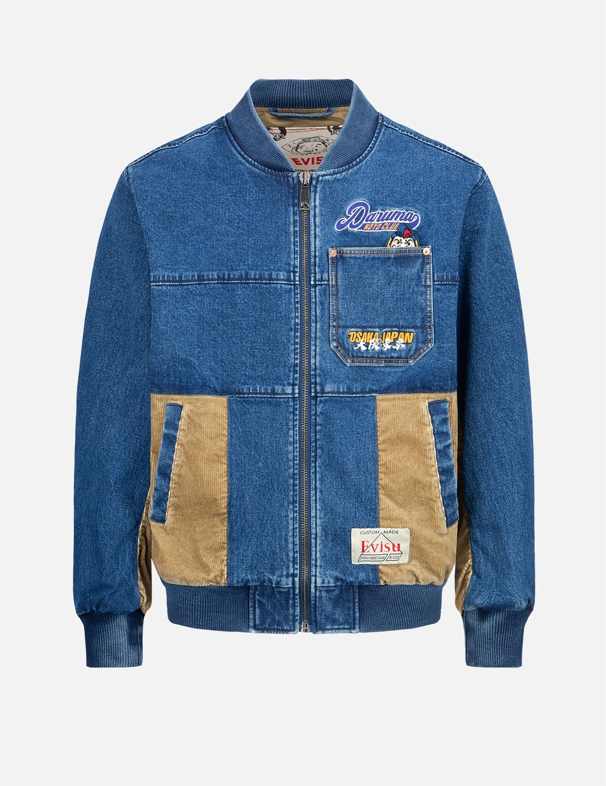 EVISU LOGO EMBROIDERY FABRIC-MIXED BOMBER JACKET | REVERSIBLE