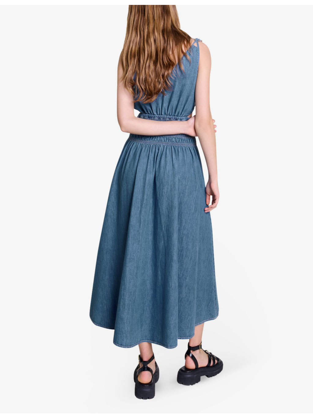 Cut-out smocked-waist denim maxi dress - 4
