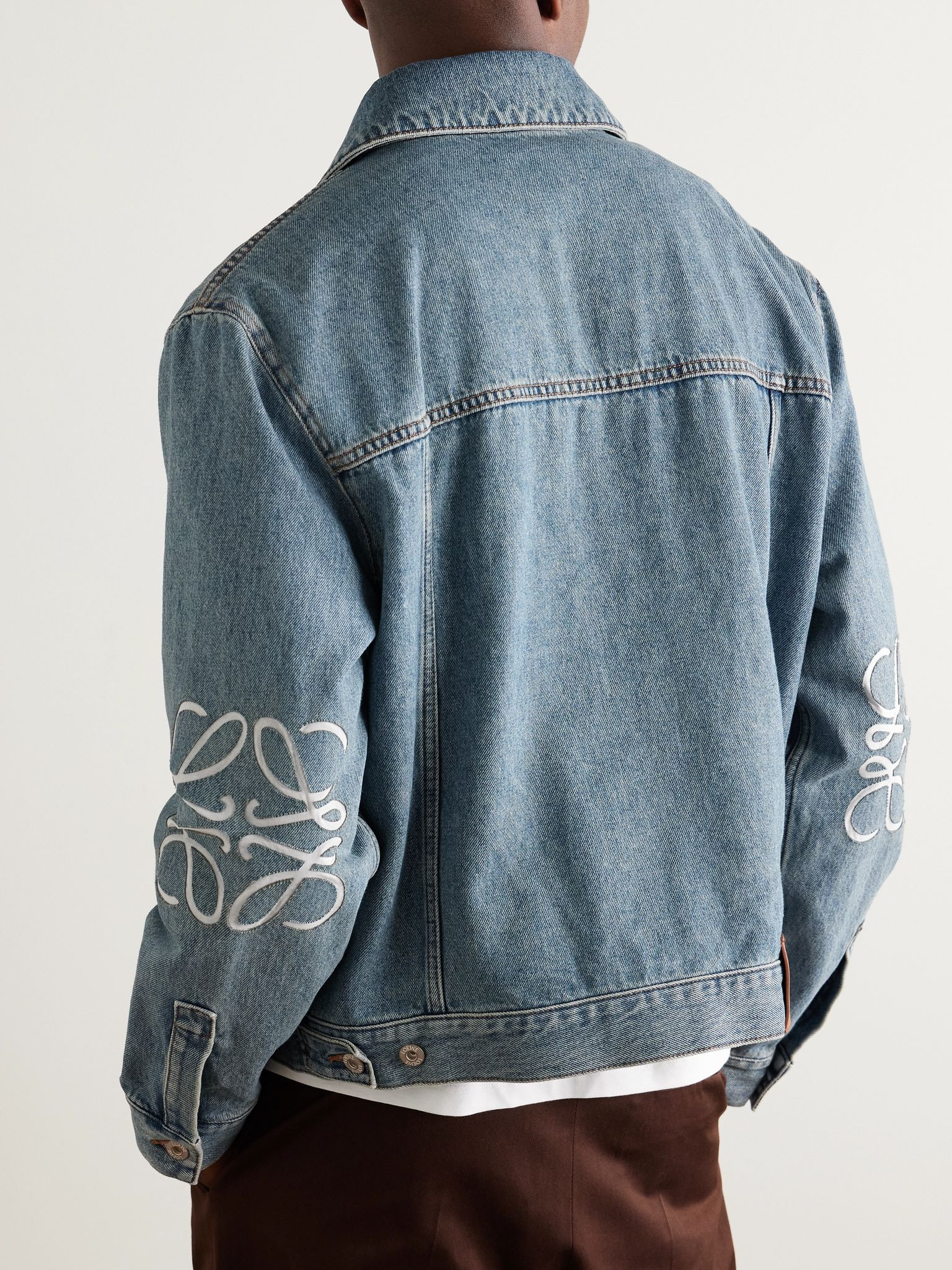 Anagram Leather-Trimmed Cutout Denim Trucker Jacket Blue - 4