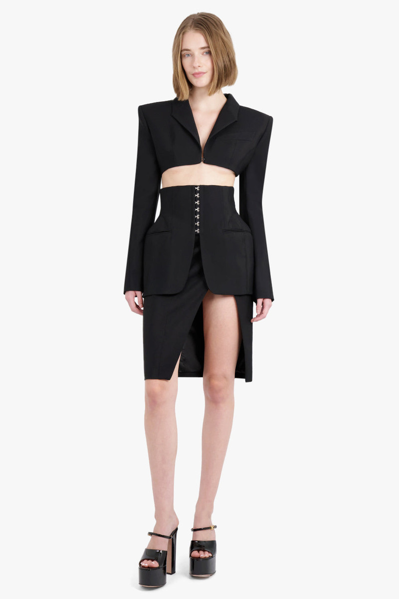 MUGLER FRONT SLIT HEAVY FLUID WAIST DETAIL MIDI SKIRT | BLACK outlook