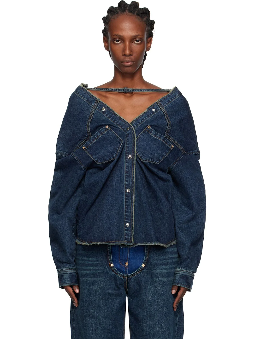 Navy Strap Point Denim Top - 1