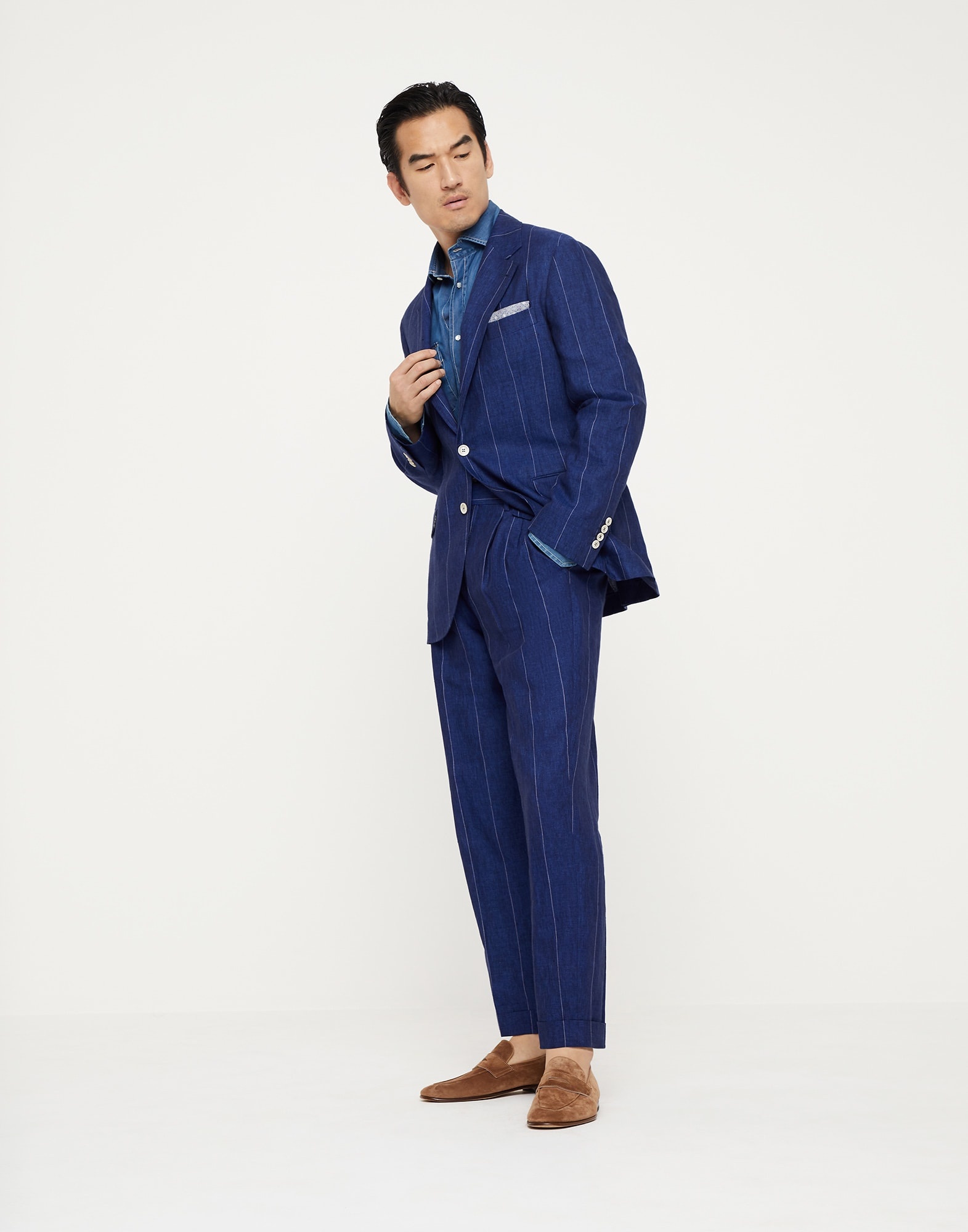Linen wide chalk stripe Leisure suit: deconstructed jacket and double-pleated trousers with tabbed w - 1