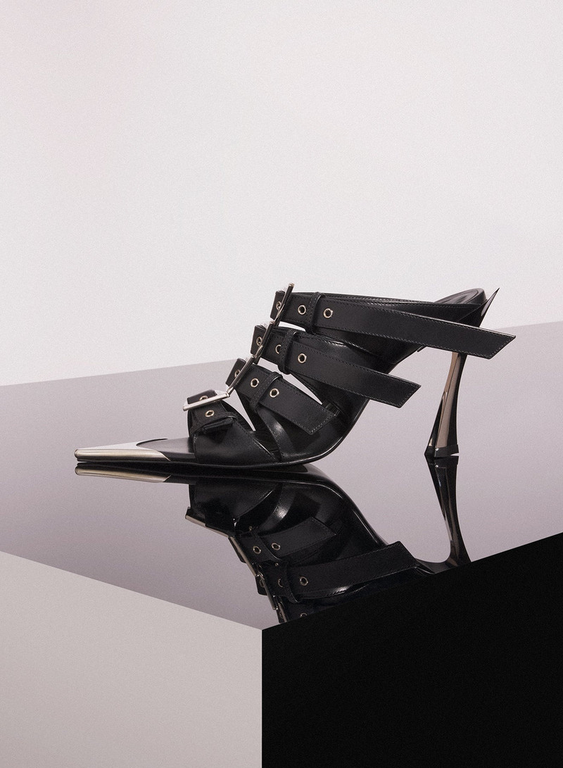 MUGLER black leather buckled fang 95 sandals outlook