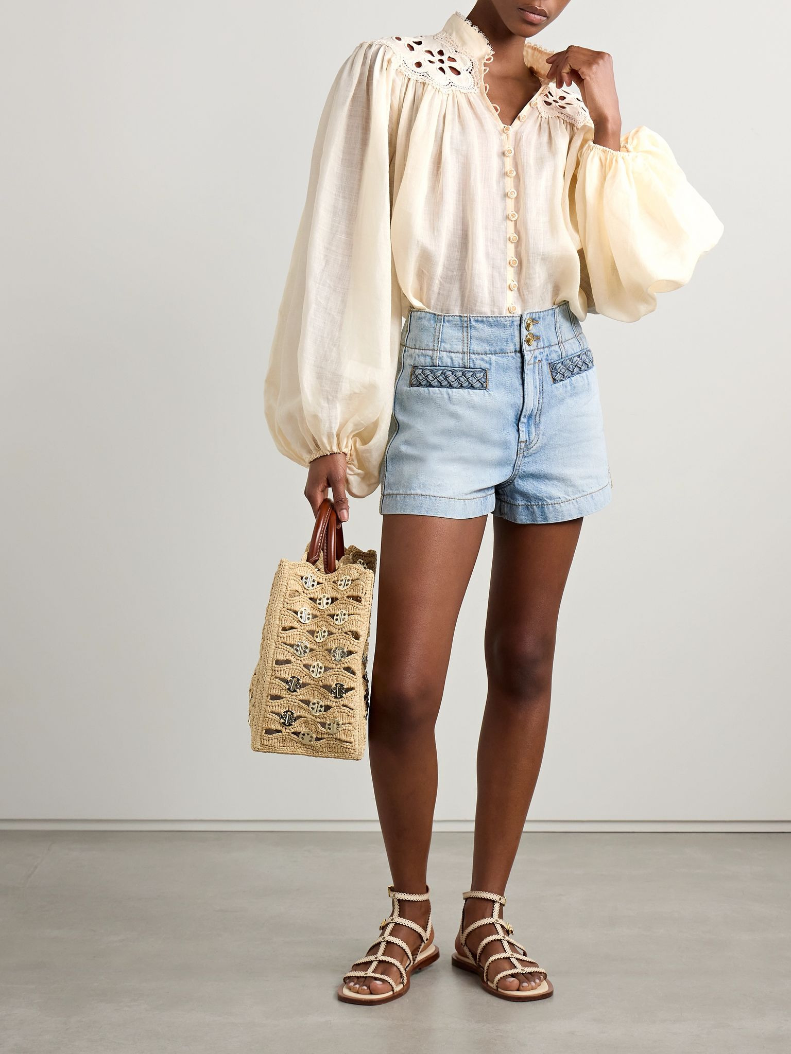 Coco broderie anglaise-trimmed ramie blouse Cream - 2