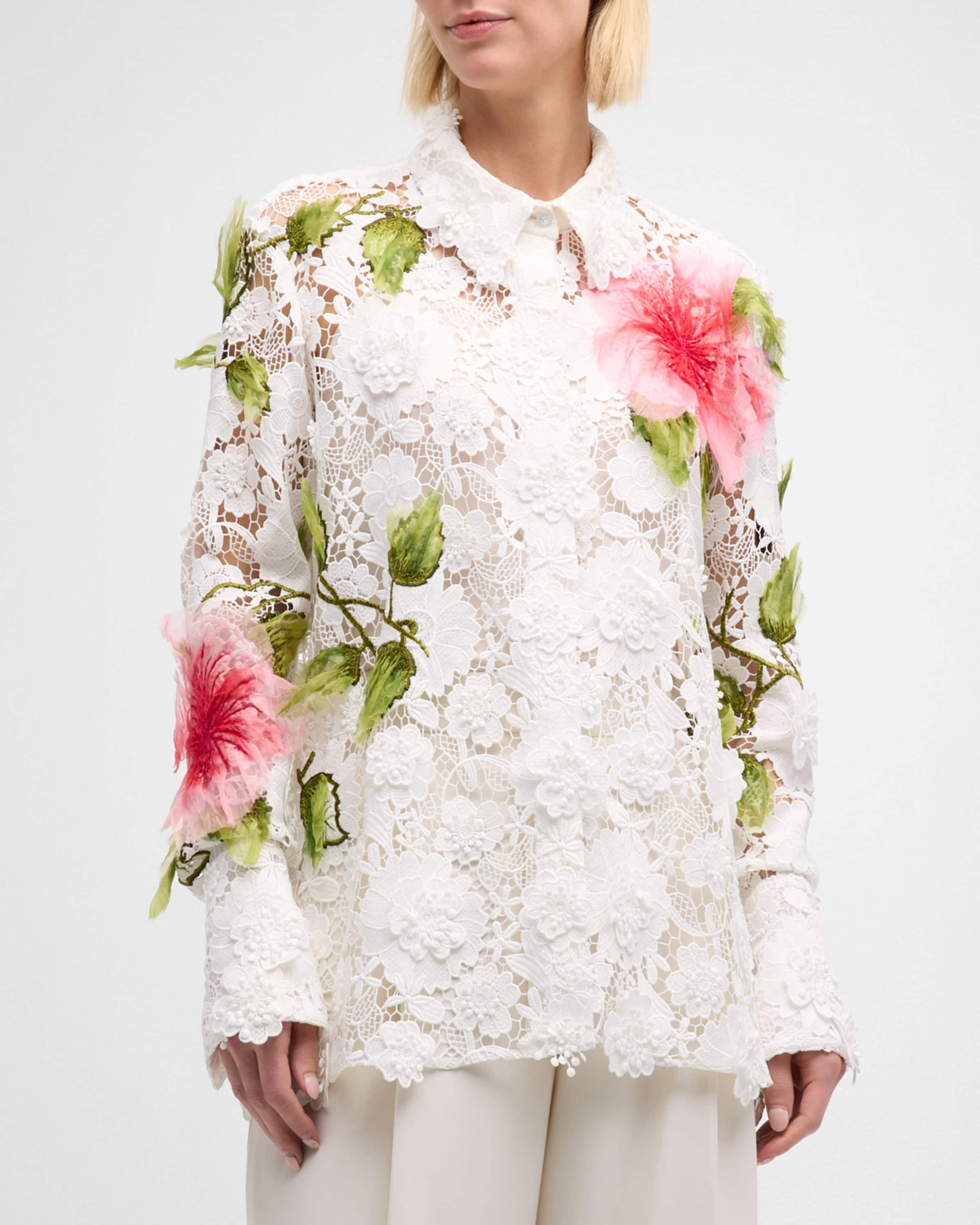 Hibiscus Embroidered Long-Sleeve Floral Guipure Collared Top - 2