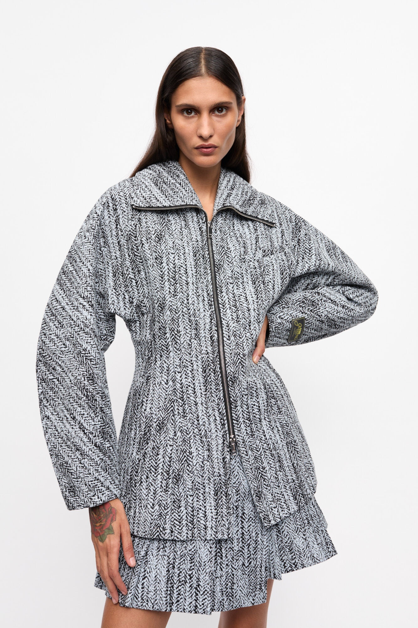 BLUE COTTON TWEED CURVE SLEEVE JACKET - 2