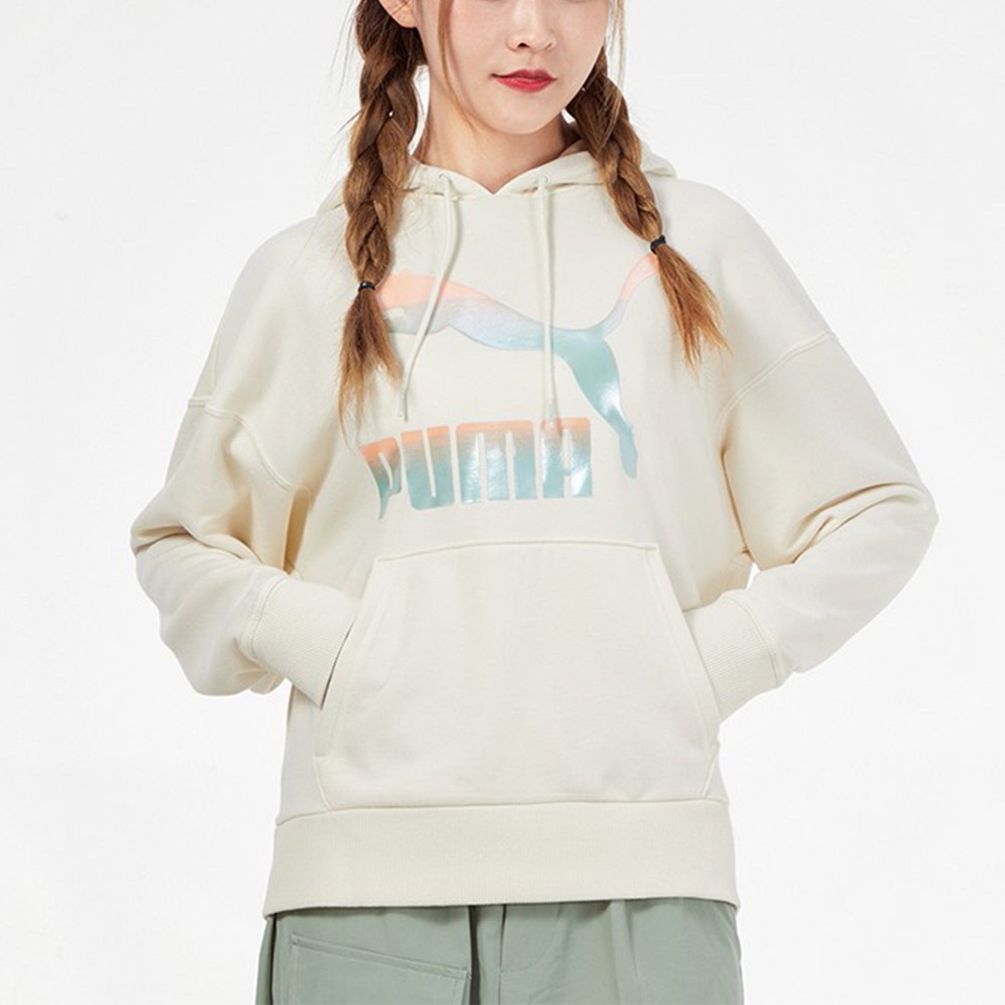(WMNS) PUMA Classics Logo Hoodie 'Beige Pink Blue' 531385-88 - 3