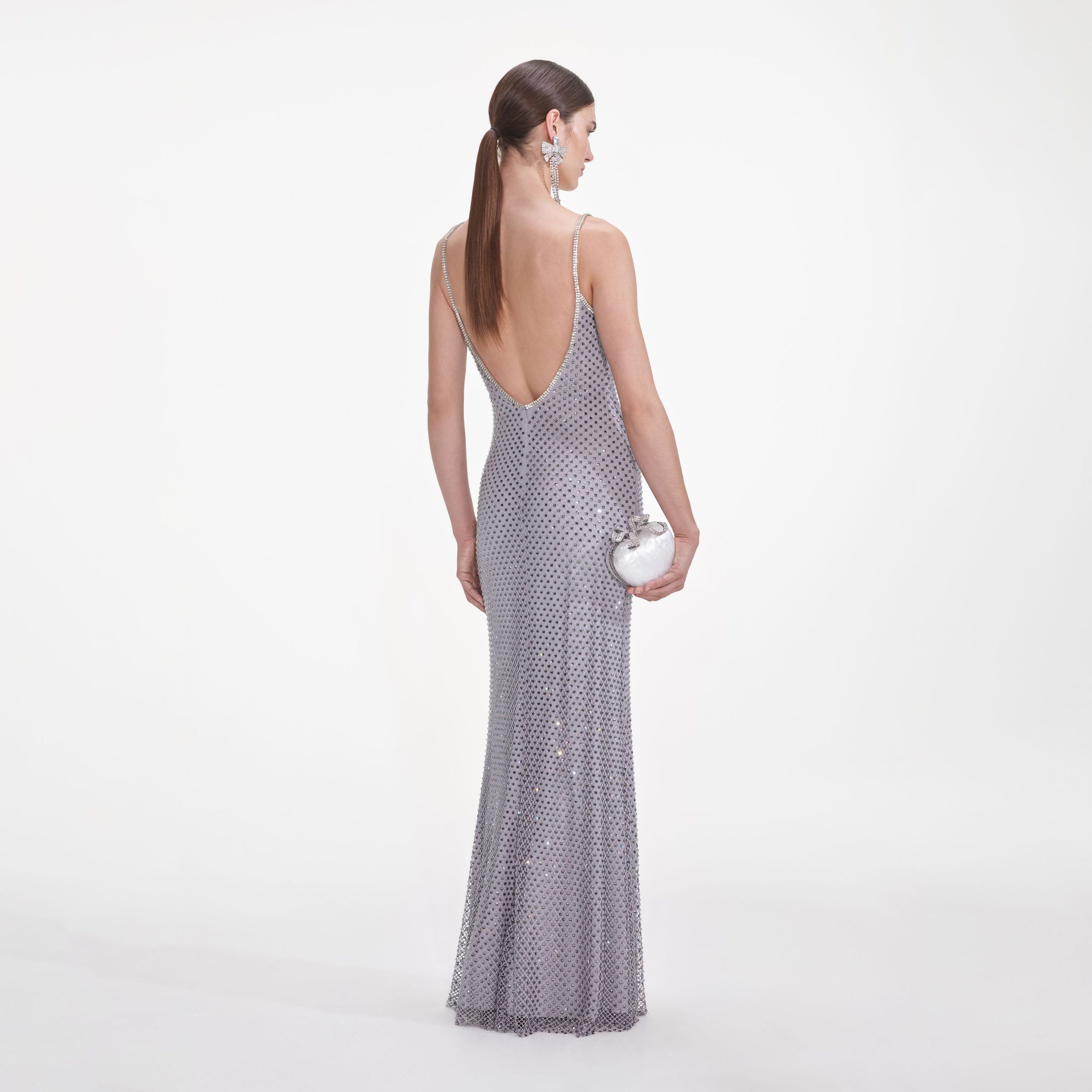 self-portrait Grey Square Rhinestone Fishnet Maxi Dress