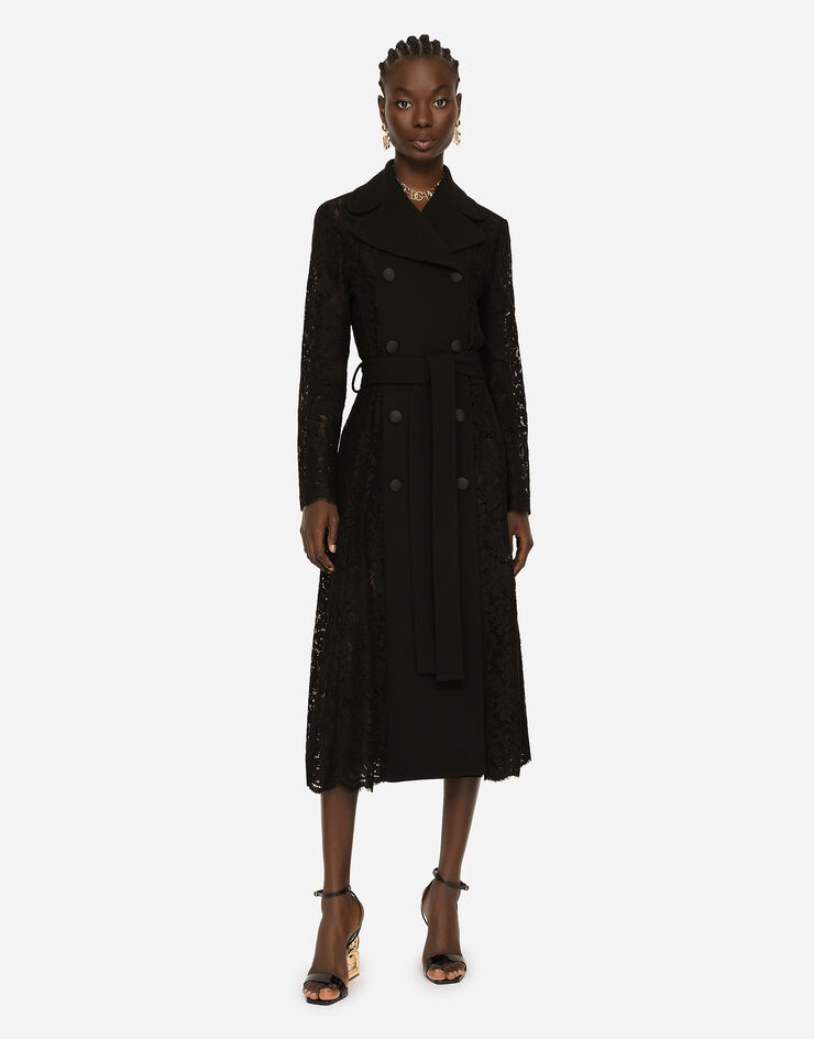 Belted double-breasted crepe and lace coat - 4