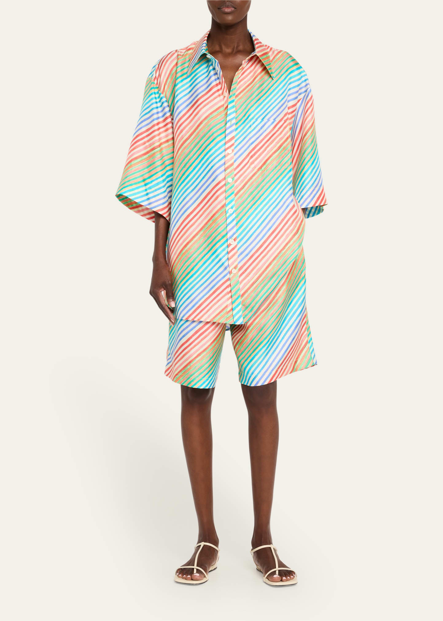 Crayon Stripe Jumbo Short Sleeve Silk Shirt - 2