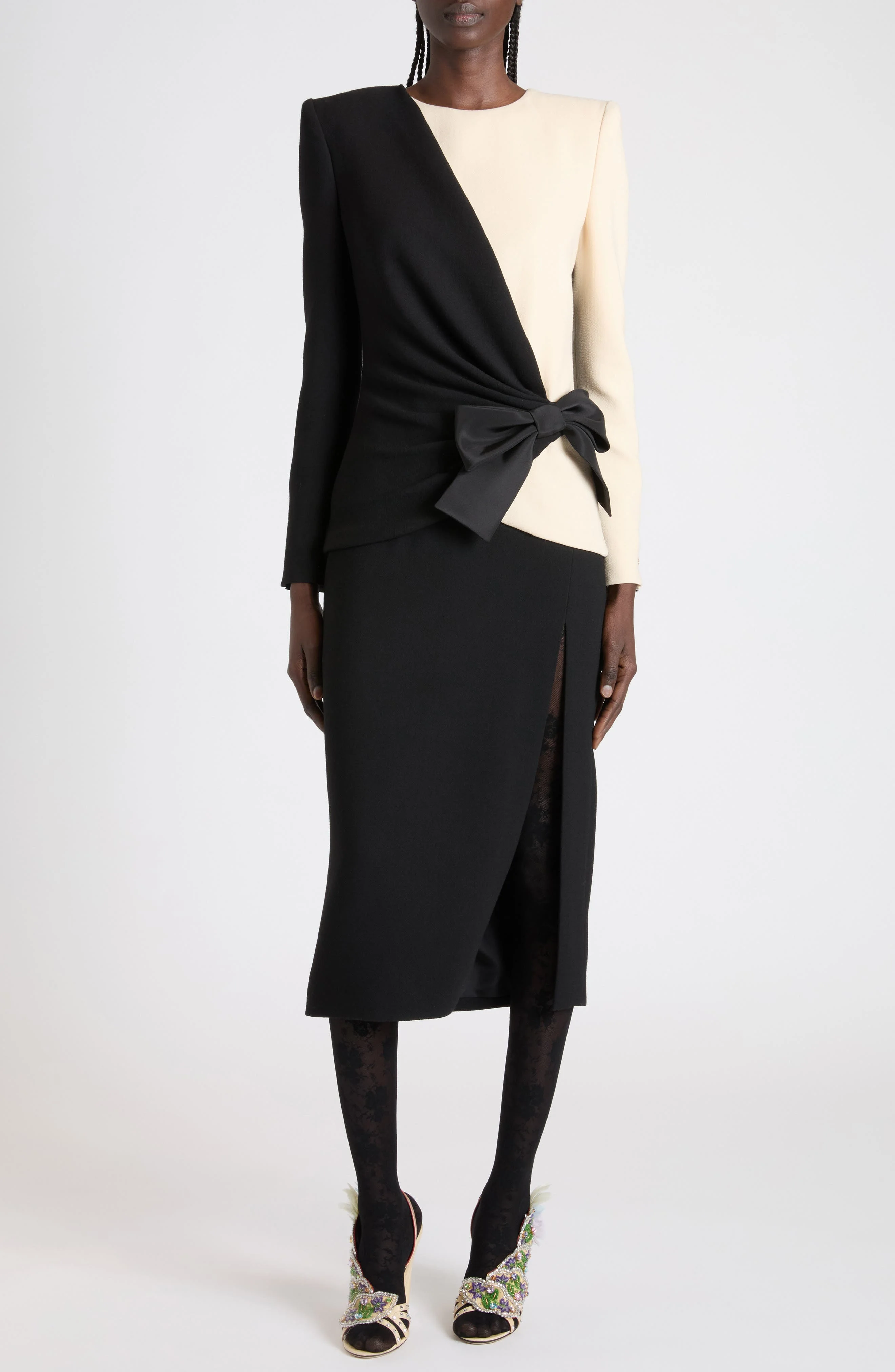 Valentino Bow Detail Long Sleeve Crepe Couture Dress in Black/Cream at Nordstrom - 1