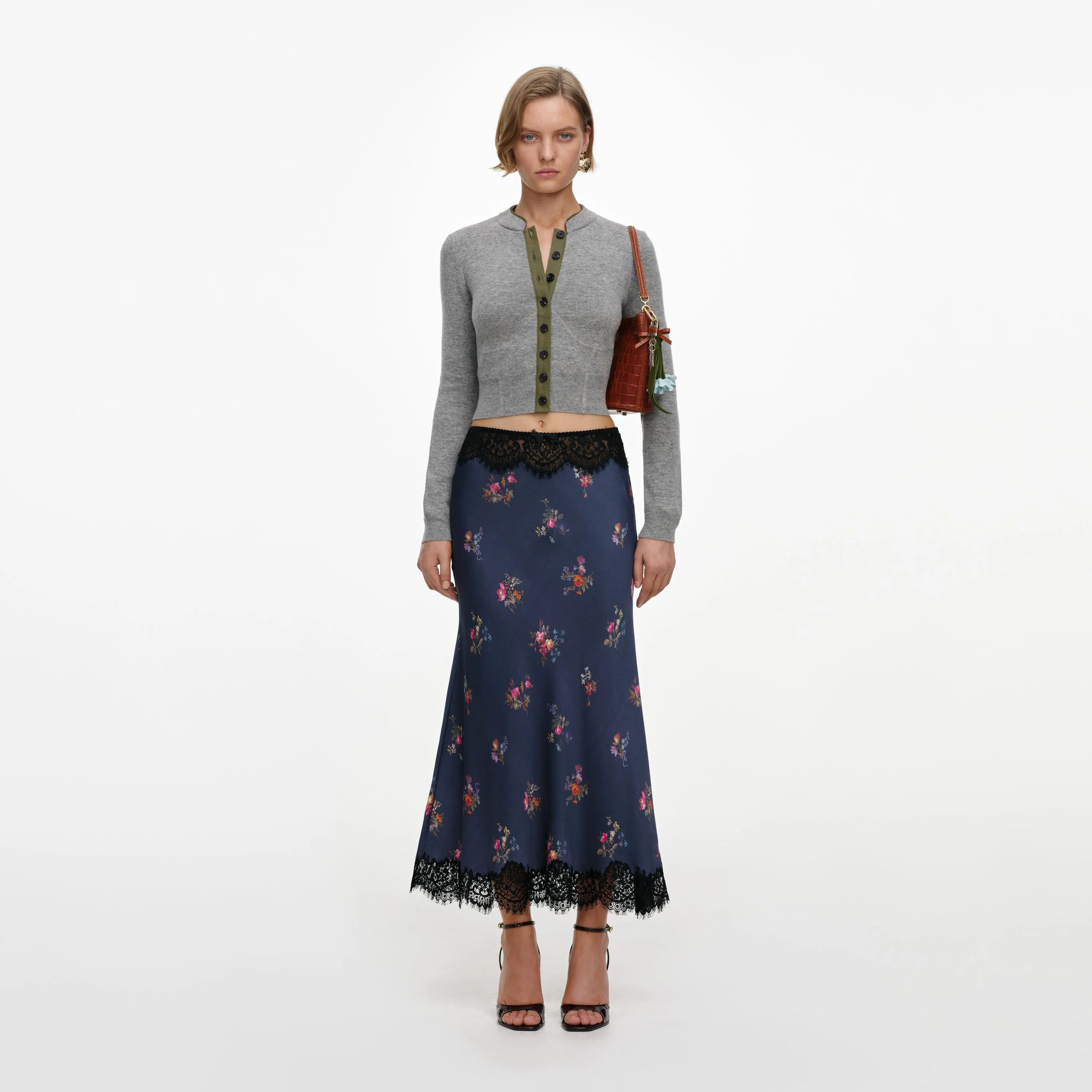 Navy Satin Printed Lace Midi Skirt - 1