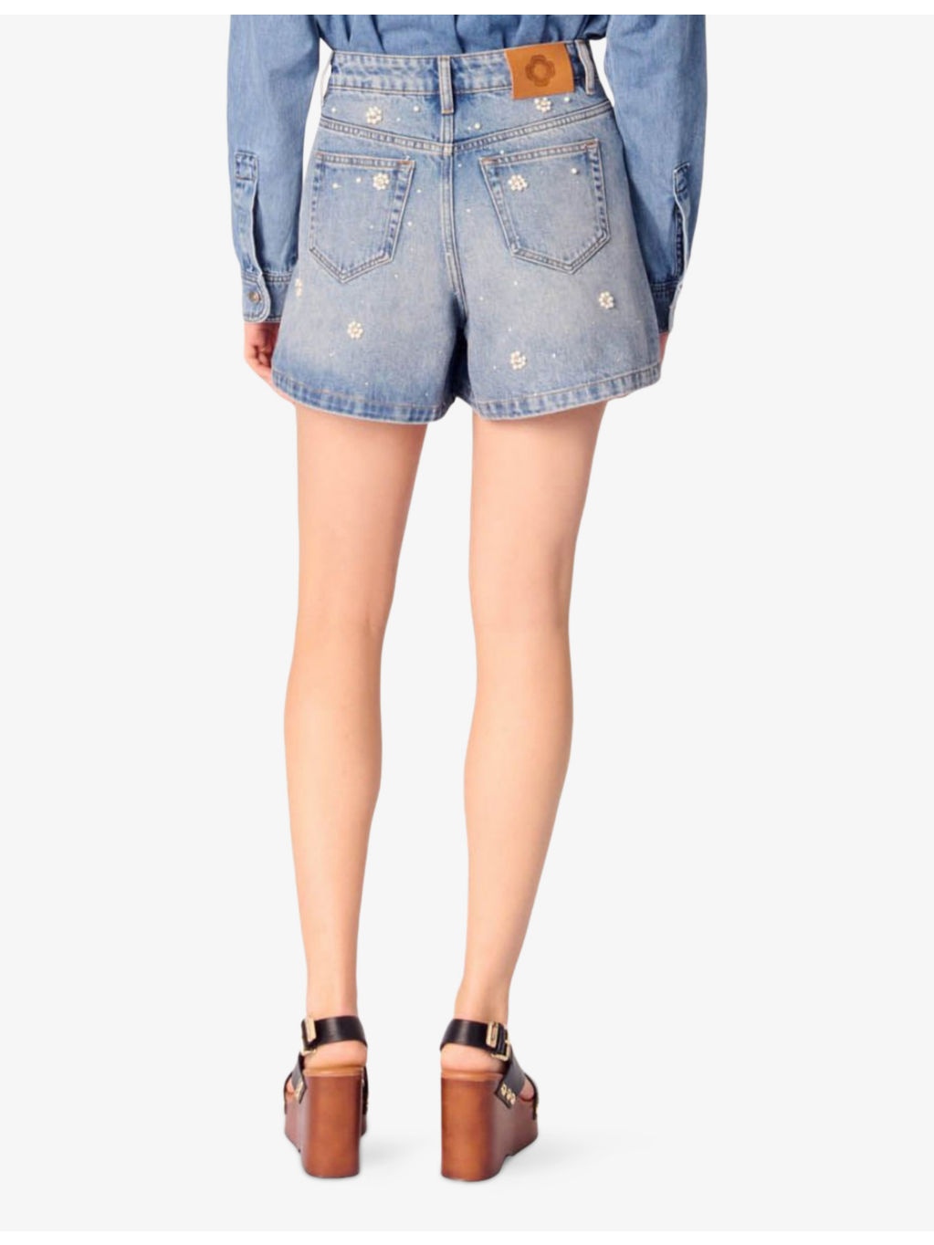 Flower-Embellished High-Rise Denim Shorts - 4