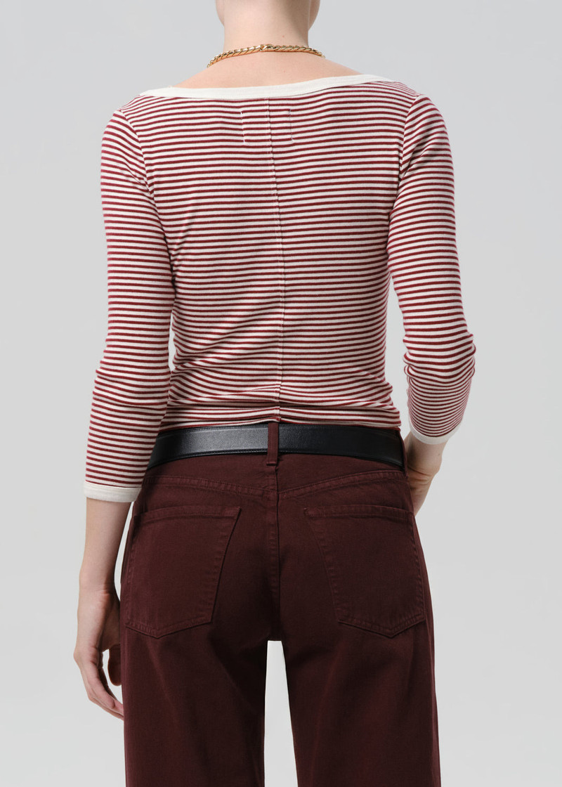 Boat Neck Slim Tee In Burgundy Cream Stripe 3
