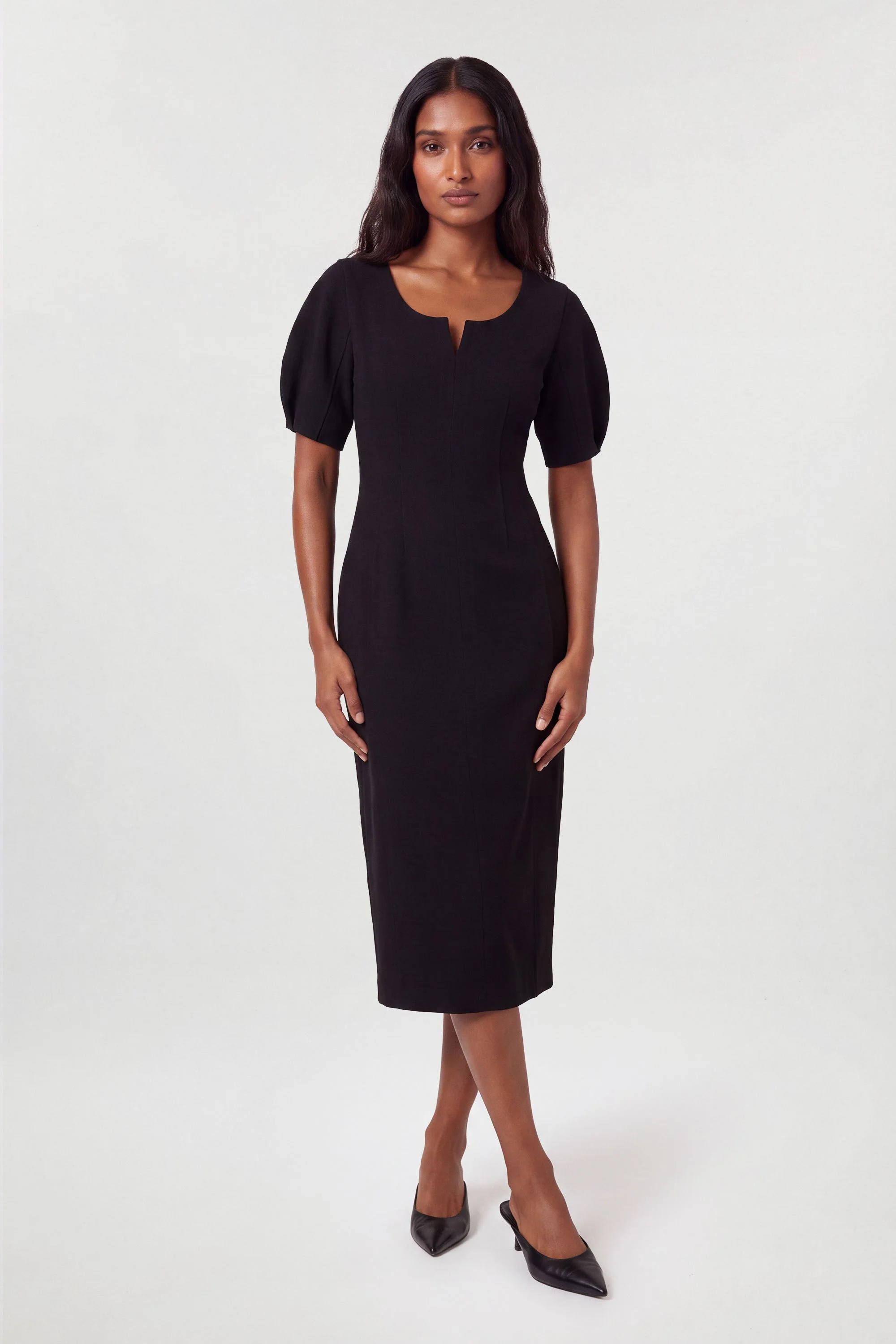 Textured Tailored Rounded Sleeve Pencil Midi Dress - 1