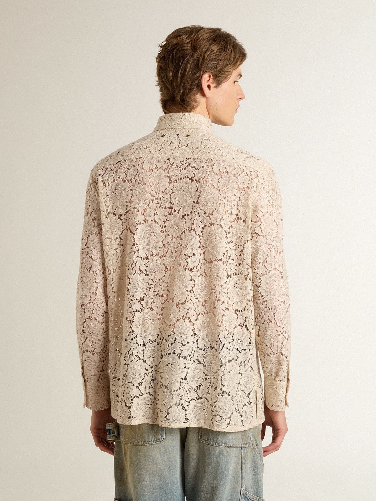 Oversized shirt in cream-colored see-through lace - 4