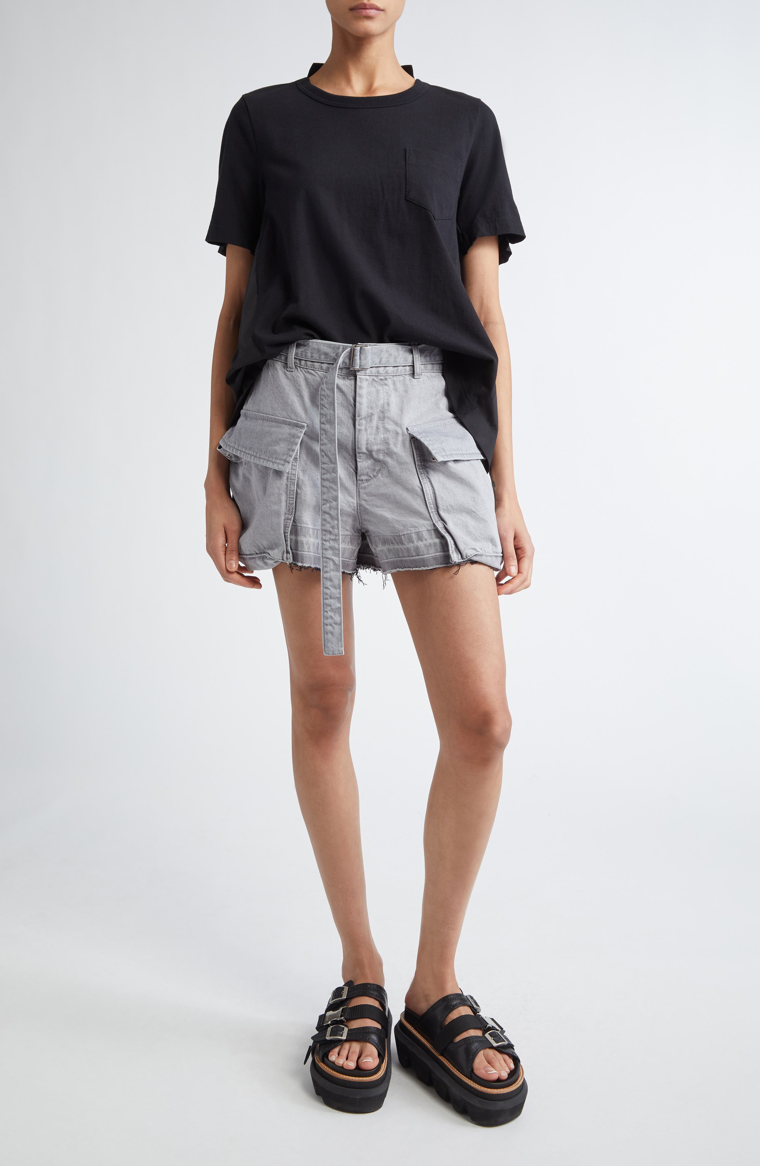 Sacai Belted Frayed Release Hem Cargo Denim Shorts in Gray 301 at Nordstrom - 2