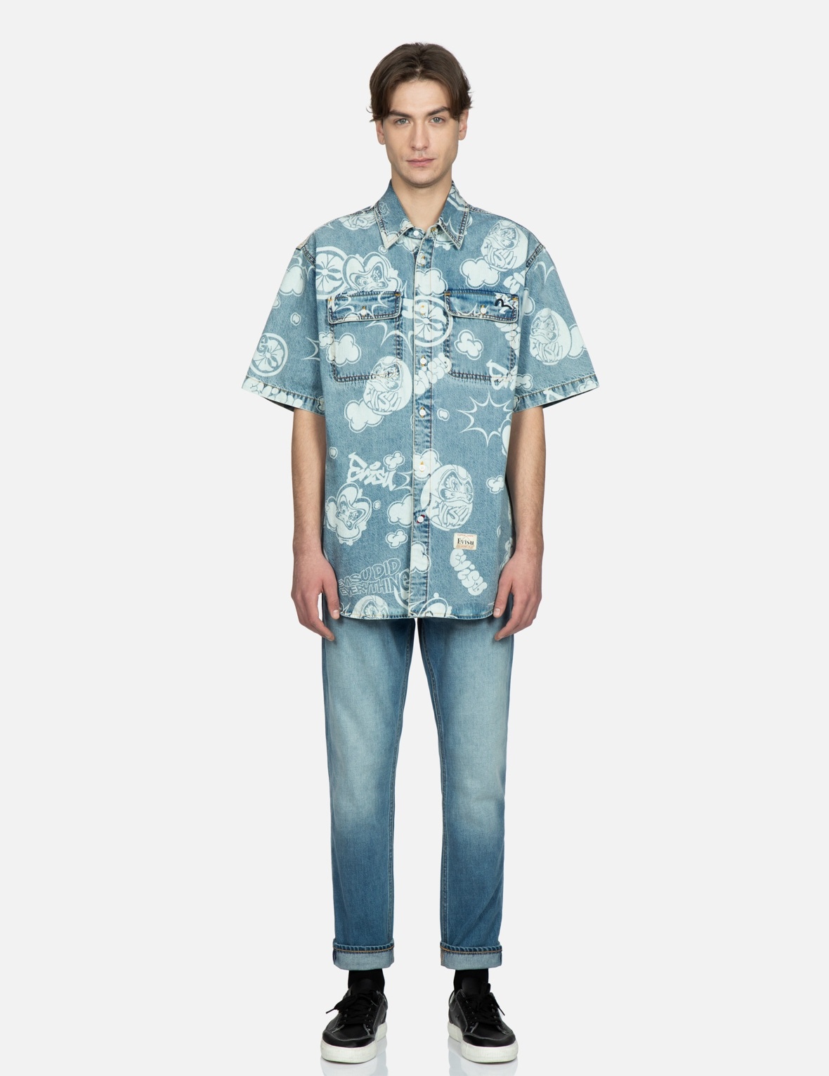ALLOVER GRAFFITI DARUMA AND LOGO DISCHARGED-PRINT DENIM SHIRT - 5