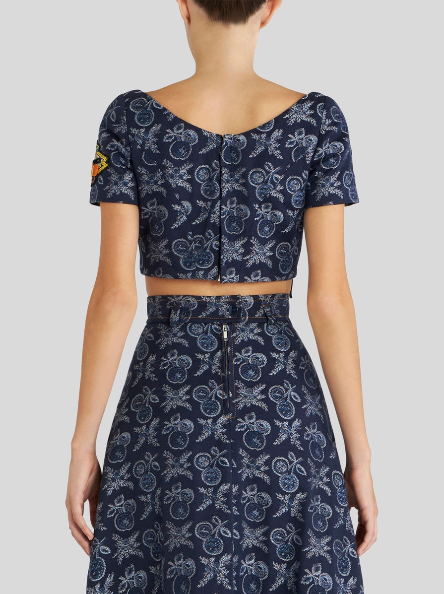 DENIM JACQUARD CROPPED TOP WITH APPLES - 5