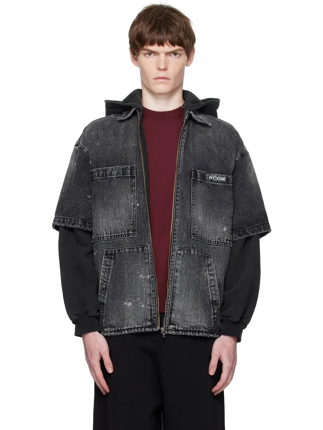 Black Faded Layered Hoodie Denim Jacket - 1