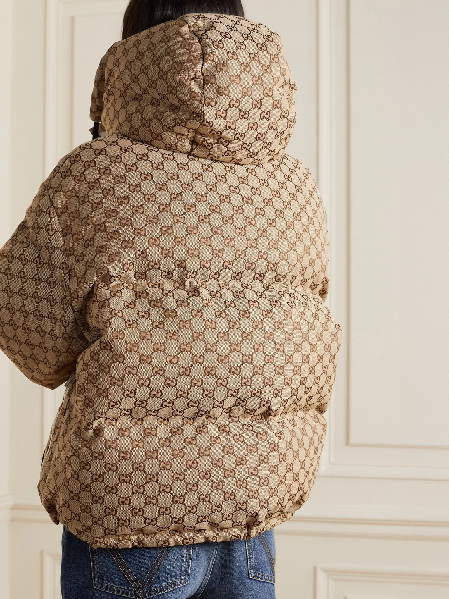 Hooded padded cotton-blend logo-jacquard down jacket Camel - 4