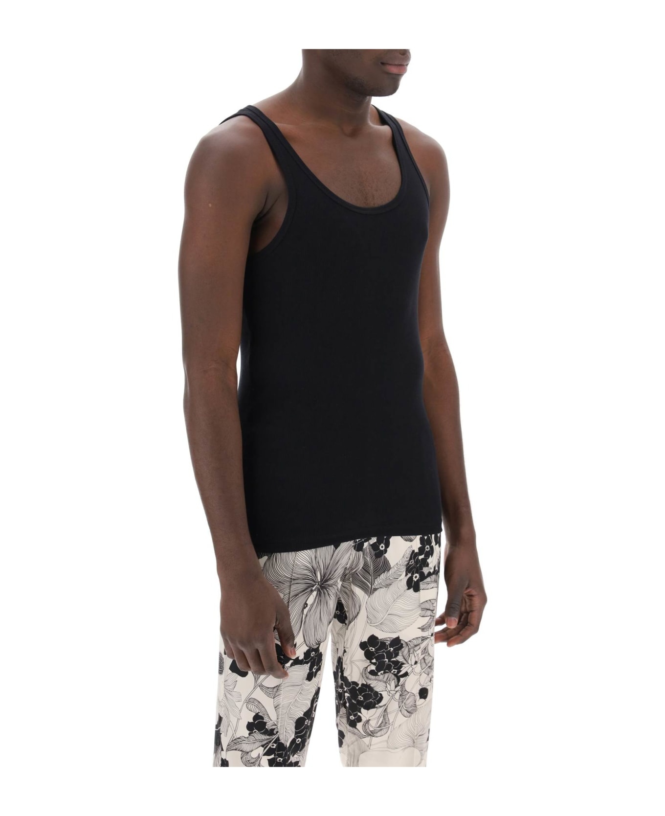 Black Cotton And Modal Tank Top - 2