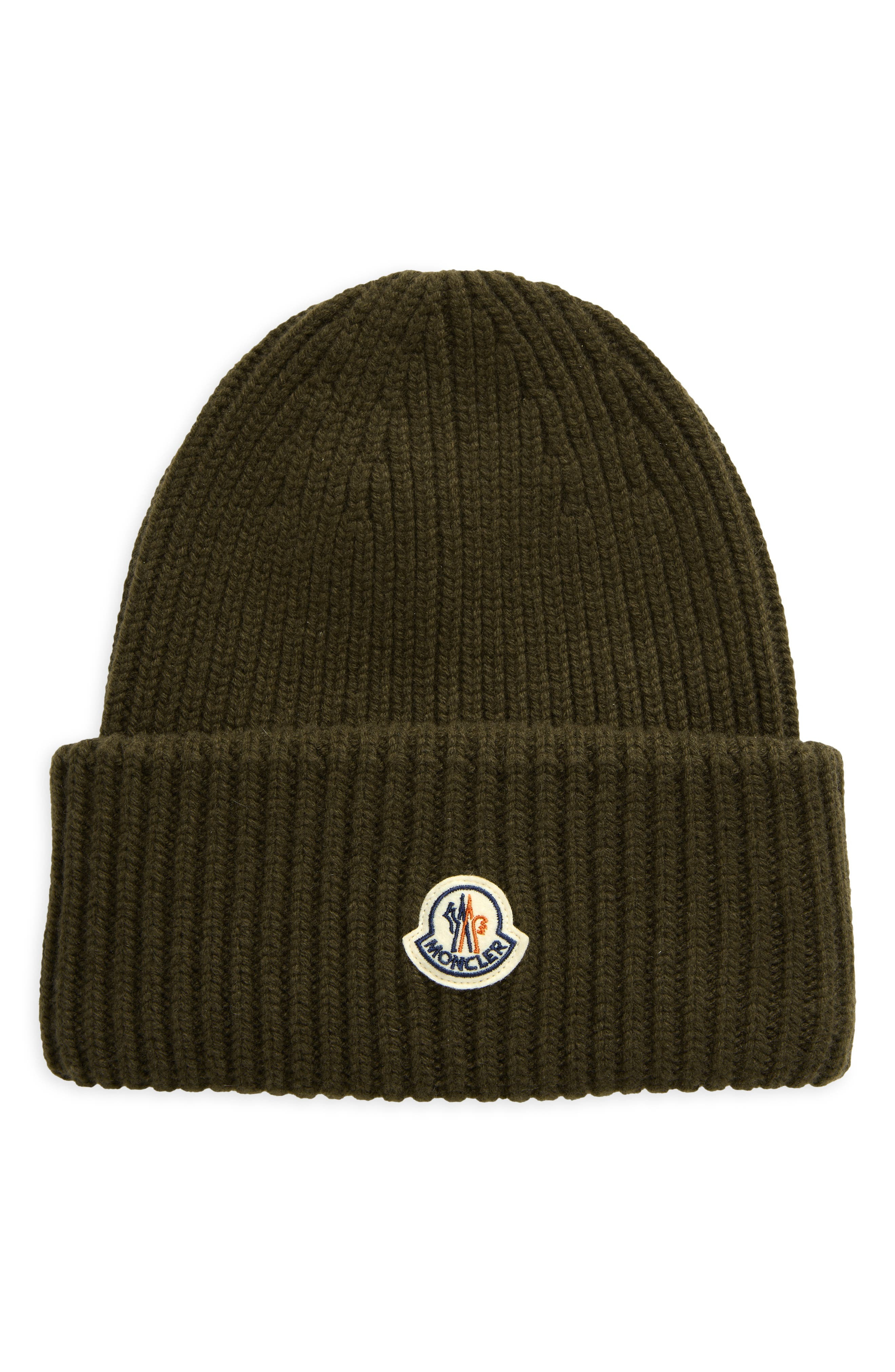 Moncler Logo Cuff Virgin Wool & Cashmere Blend Beanie in Olive Green at Nordstrom - 1