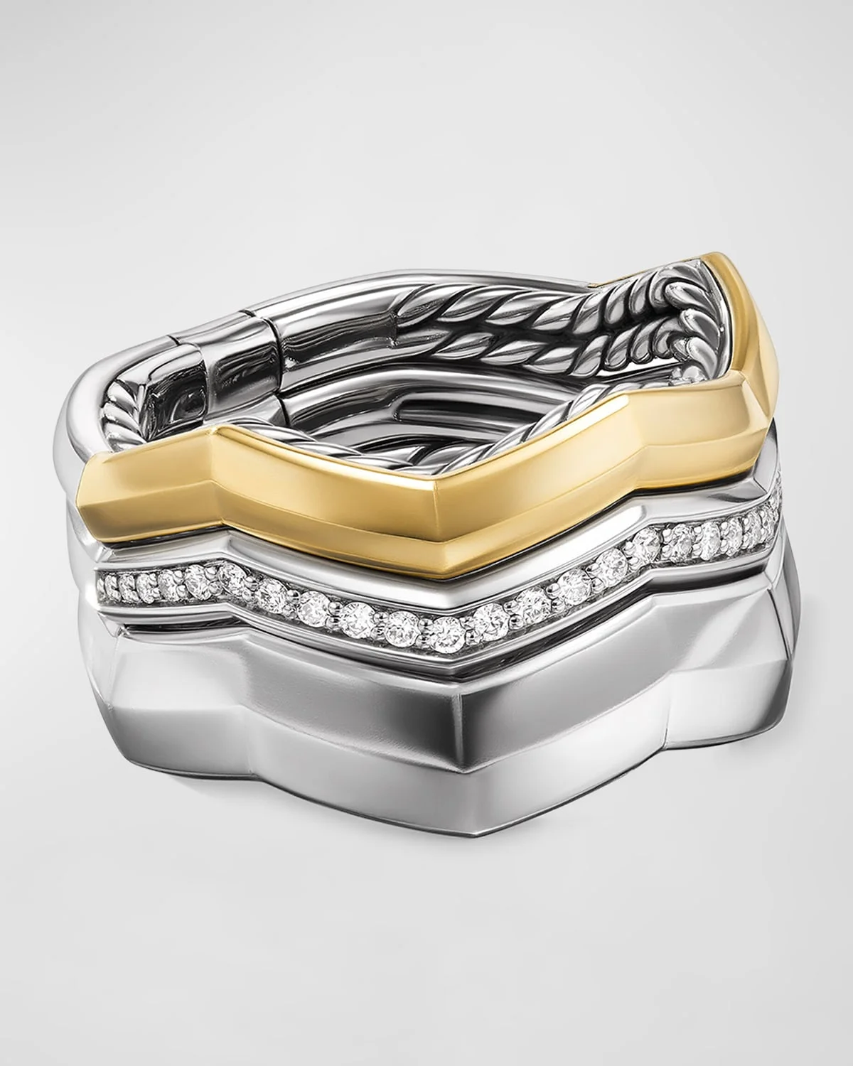 Zig Zag Stax Three Row Ring with Diamonds in 18K Gold and Silver, 11mm - 1
