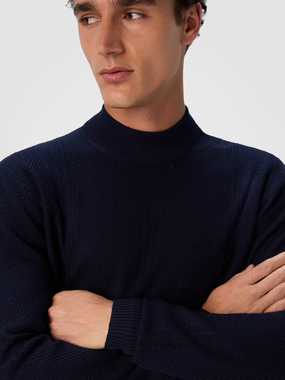 High-Neck Sweater with Tone-on-Tone Chevron Pattern - 4