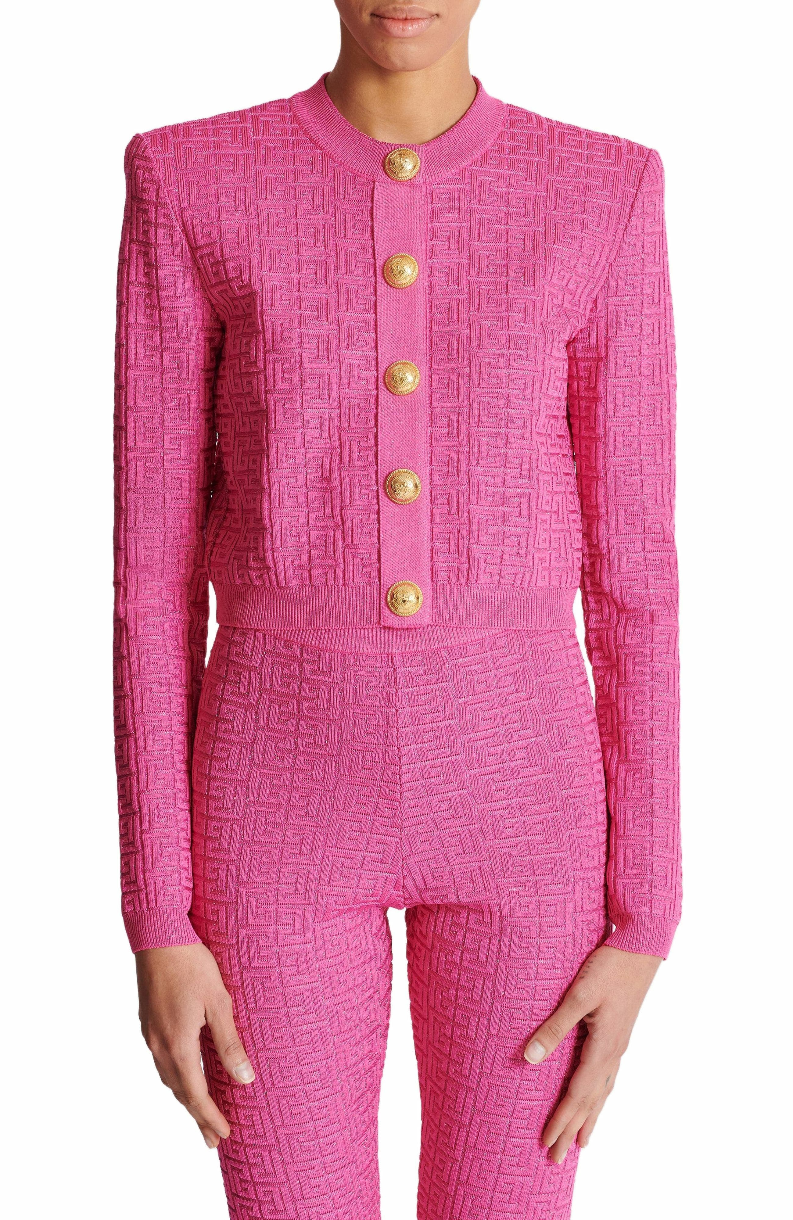Balmain Cropped monogrammed knit cardigan in Pink at Nordstrom - 7