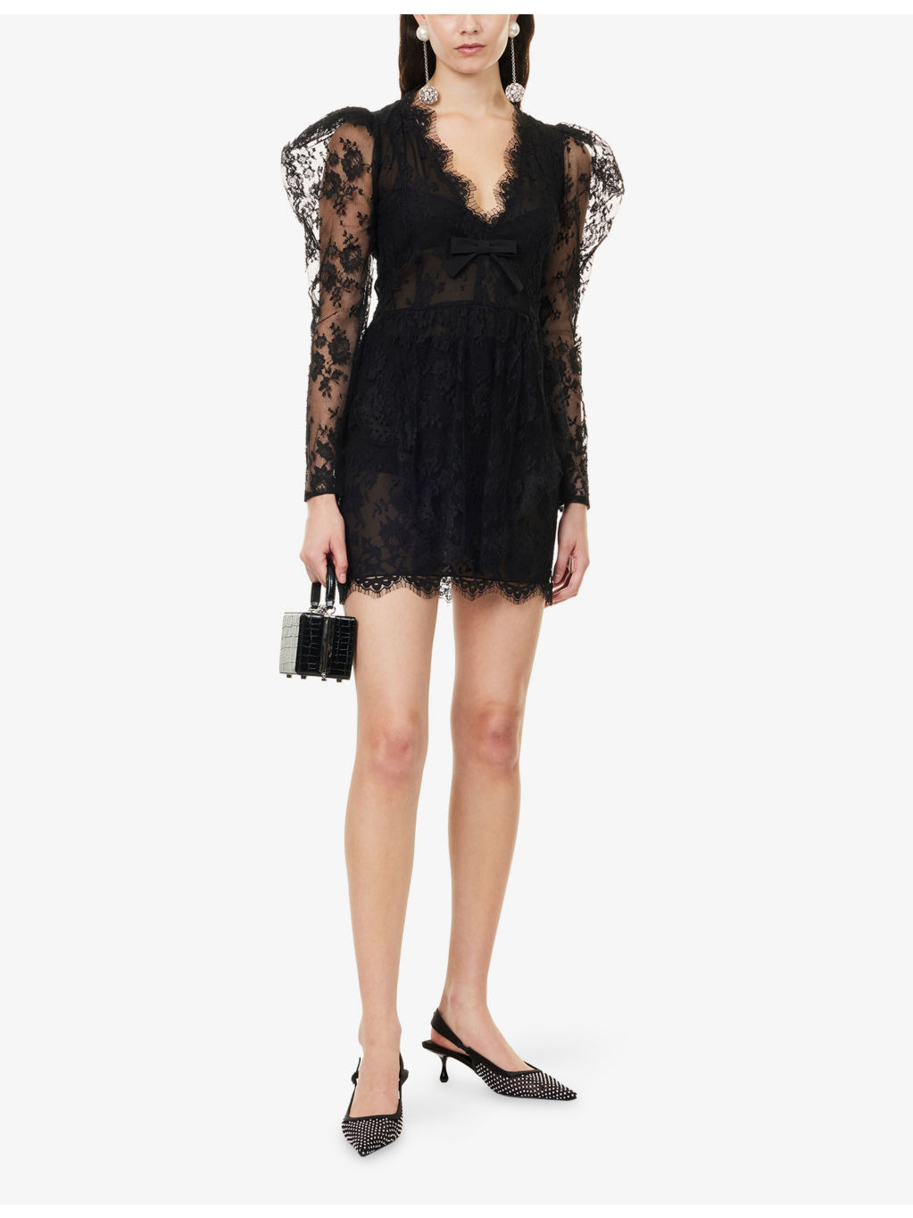 V-Neck Puffed-Shoulders Lace Mini Dress - 2