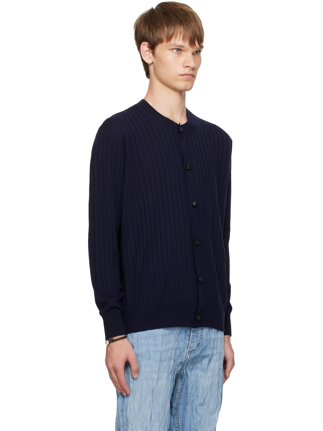 Navy Wool Rib Cardigan - 2