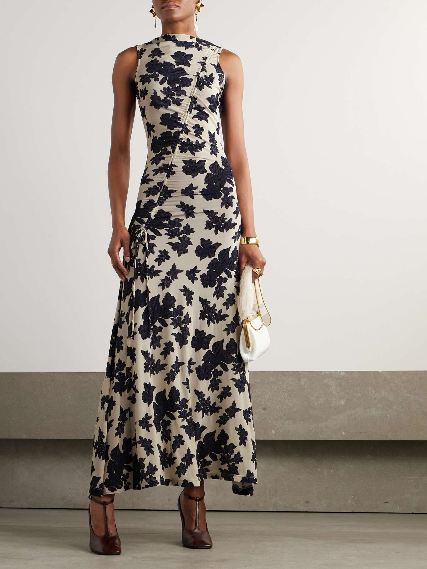 Natalia pleated floral-print stretch-jersey maxi dress Beige - 2