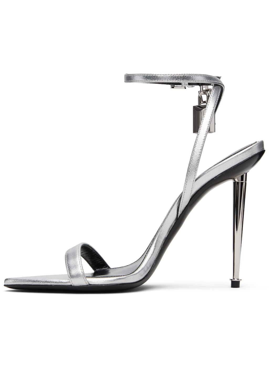 Silver Nappa Padlock Pointy Naked Heeled Sandals - 3