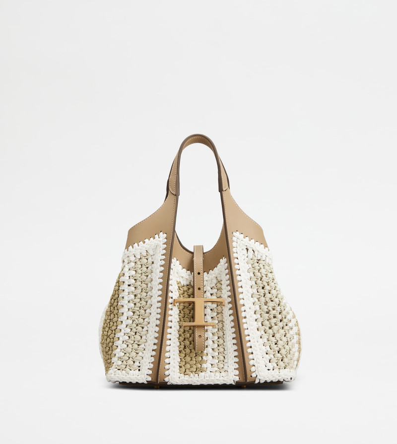 T TIMELESS SHOPPING BAG IN RAFFIA AND LEATHER MINI - BEIGE, WHITE 1