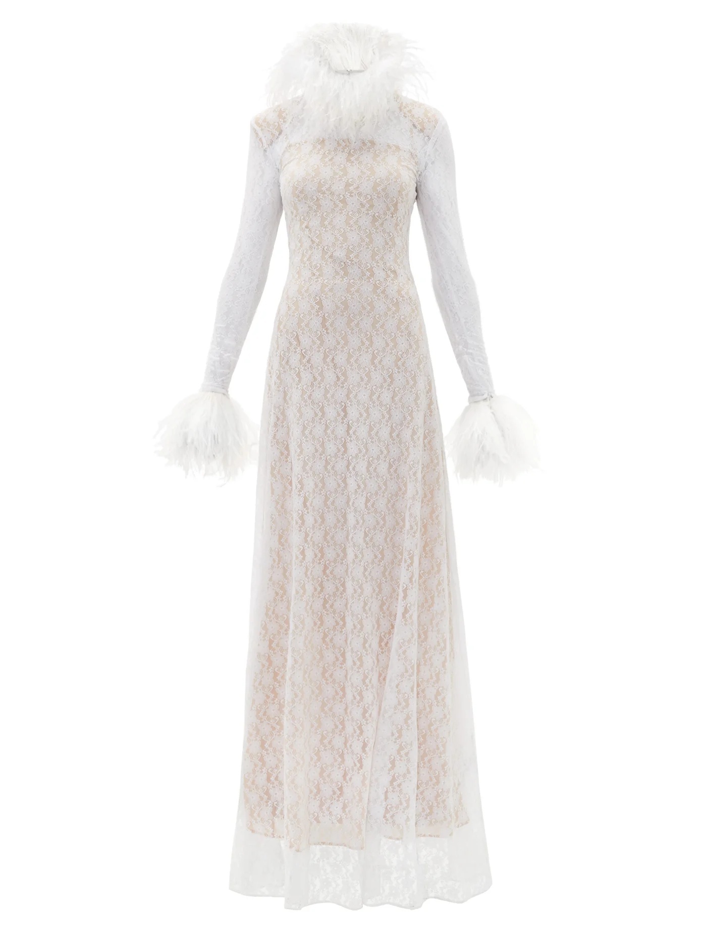 Feather-trimmed Chantilly-lace gown - 1