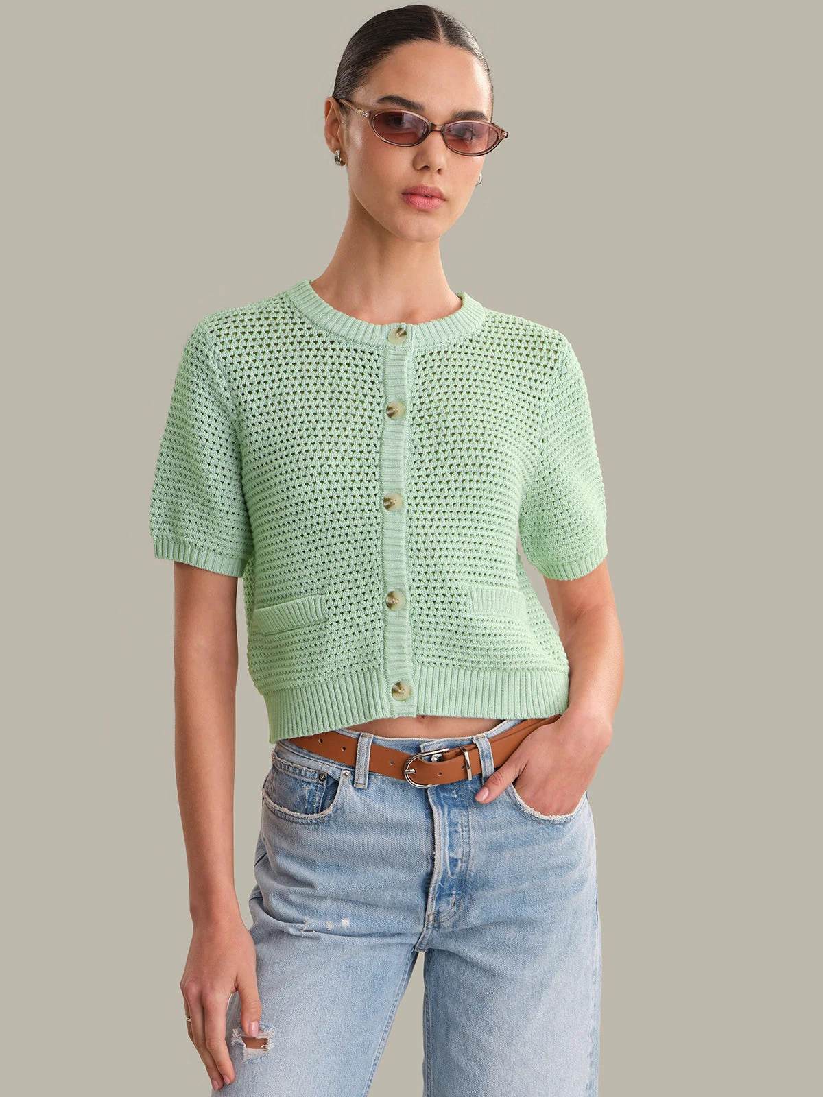 Celine: Cotton Cropped Pointelle Cardigan - 1