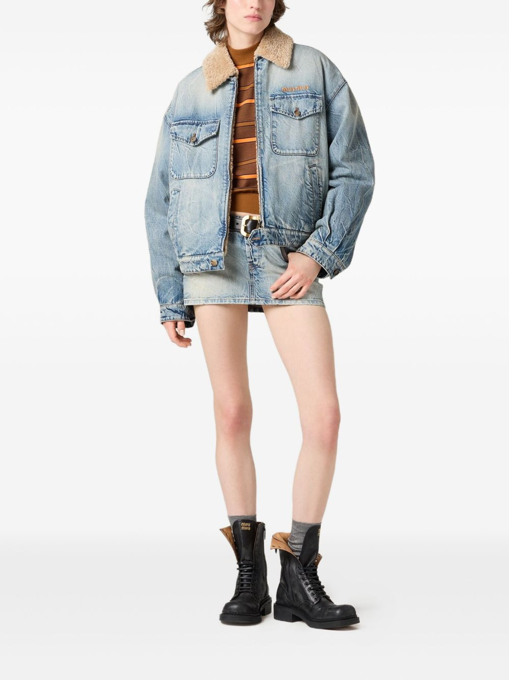 shearling-collar denim jacket - 2