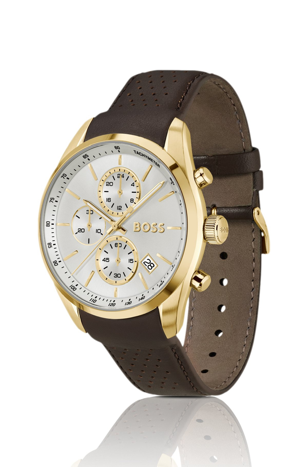 GOLD-TONE CHRONOGRAPH WATCH WITH PERFORATED LEATHER STRAP - 2