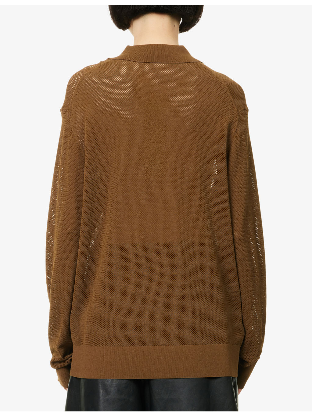 Madison Long-Sleeve Open-Knit Woven Polo Top - 4