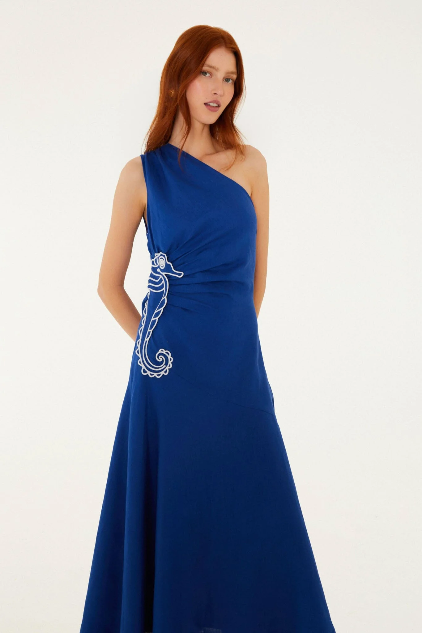 Blue Seahorse Embroidery One-Shoulder Euroflax Premium Linen Maxi Dress - 1